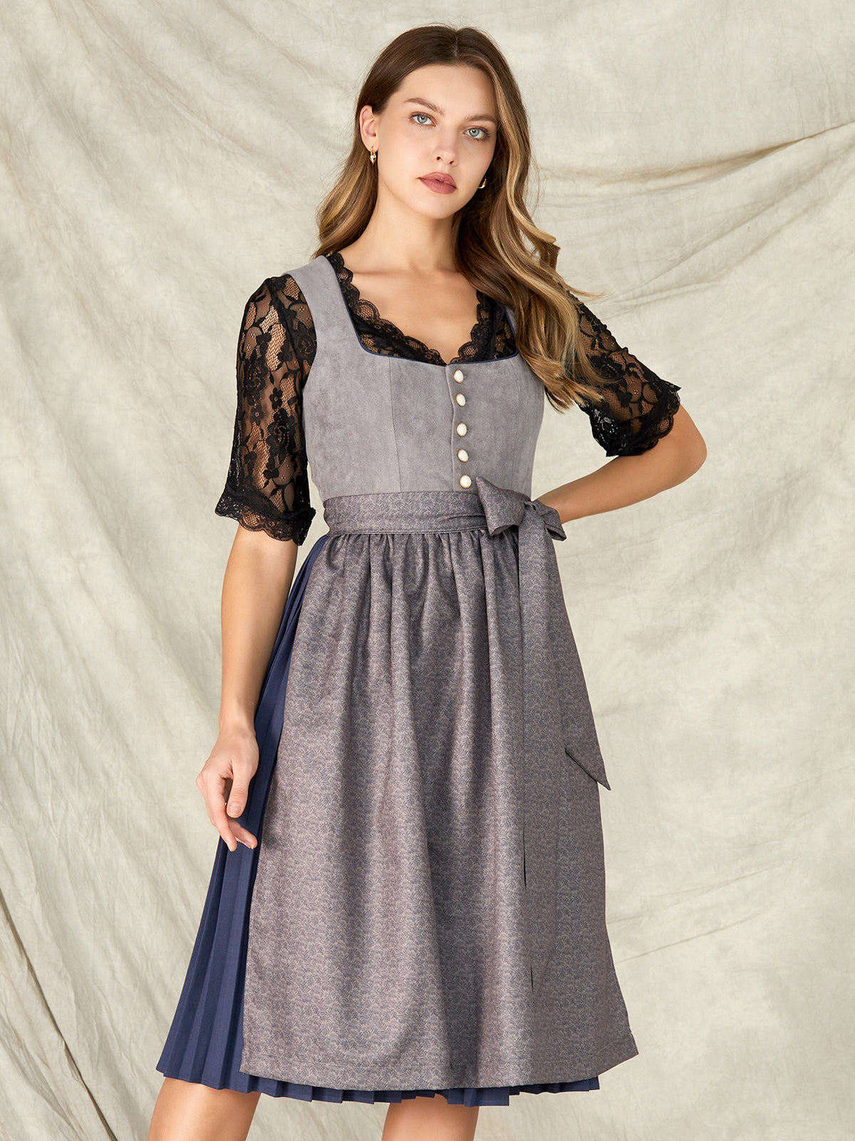 Grau Knöpfen Gerader Ausschnitt Dirndl Lottea